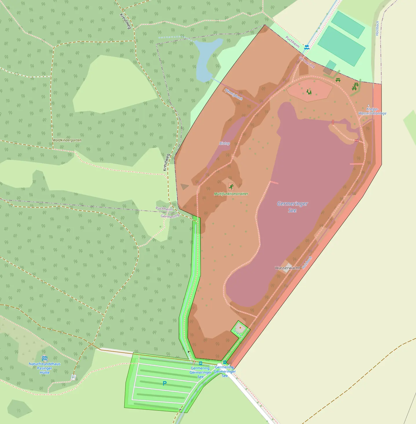 Übersichtskarte der “Hunde-Erlaubnisaußnahmen Gebiete” gemäß der Grünanlagensatzung der Stadt Germering, © OpenStreetMap Contributers